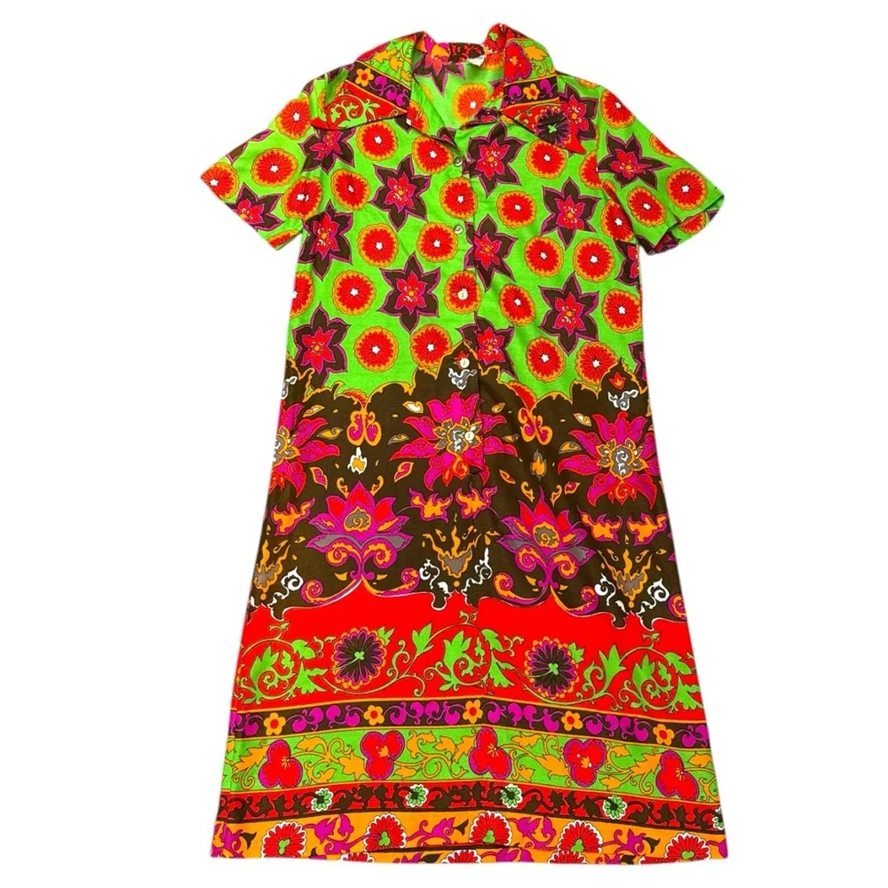 Vintage 1960s Mod Psychedelic Neon Green Floral Pattern Mod Shirt Dress S/M - Picture 12 of 14